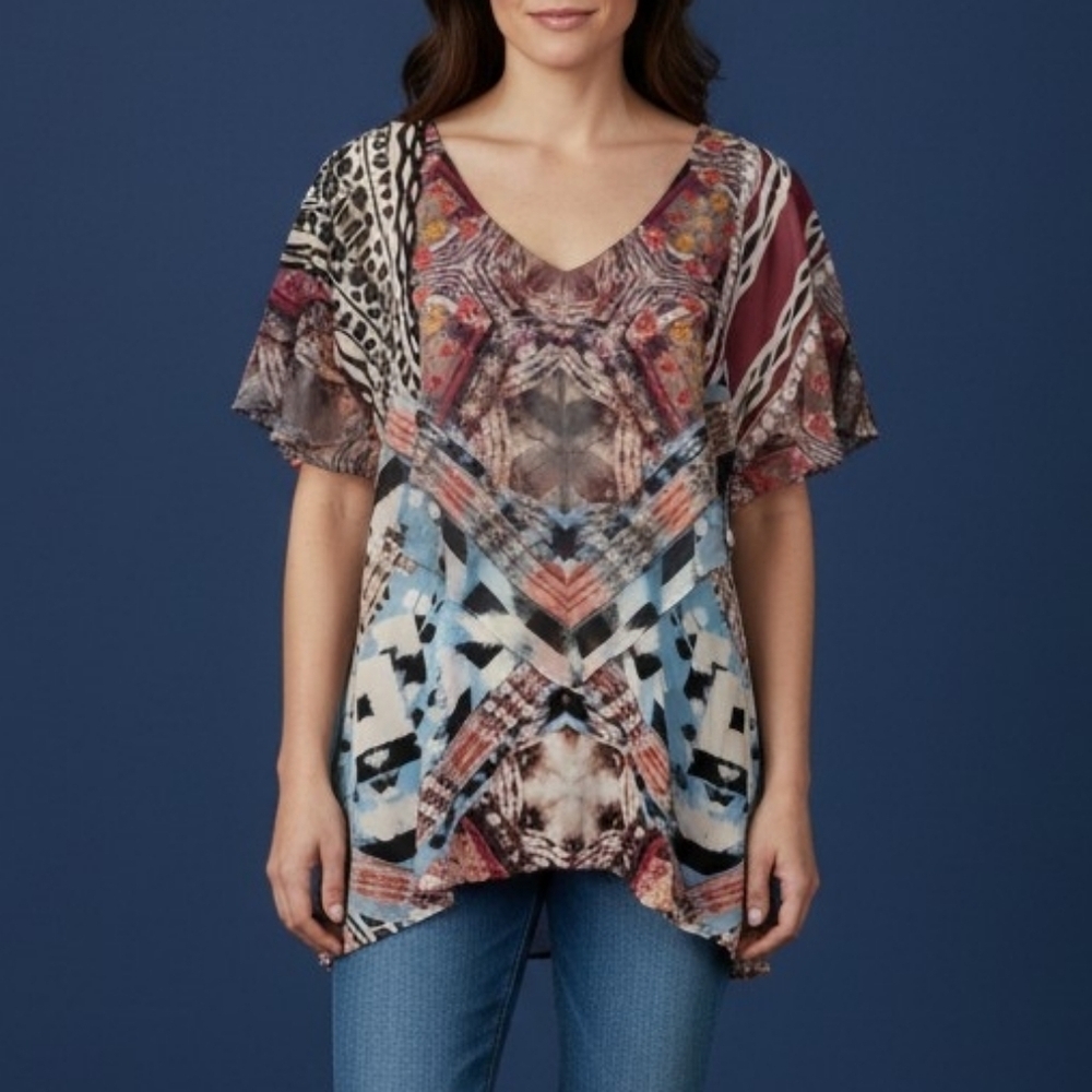 Vtg V CRISTINA 1990s Multicolor Geometric Chiffon Ruffle Tunic